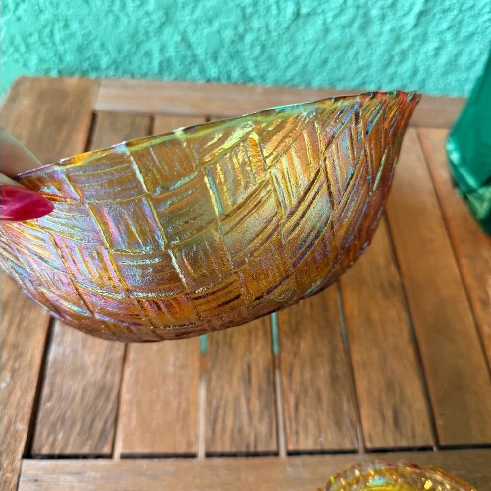 New Vintage Indiana Glass Co. Iridescent Gold Tone Glass 3-Piece Chip & Dip Set